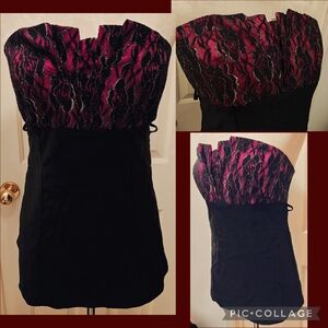 Vintage 90s Plus Size Dori Black & Lace Overlay & Ruffle Bodice Vampy Corset Top